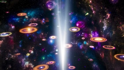 Wall Mural - dynamic cosmic flight through a colorful starfield and multiple swirling galaxy formations in deep s