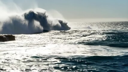 Poster - Ocean waves crashing against rocks, creating a powerful water spray, illustrating the strength and beauty of nature in a coastal setting.