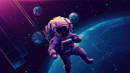 Poster - Astronaut floats in space near a satellite, great for sci-fi or technology concepts