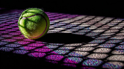 Poster - Close up tennis ball on court with shadows for tennis players and tennis equipment enthusiasts alike