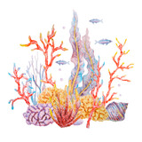 Watercolor illustration of an underwater scene with colorful corals, seaweed, tropical fish and shells, hand painted in vibrant tones, ideal for marine-themed designs, kids prints and packaging.