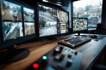 Poster - advanced surveillance system with multiple monitors displaying security camera feeds, featuring a ke
