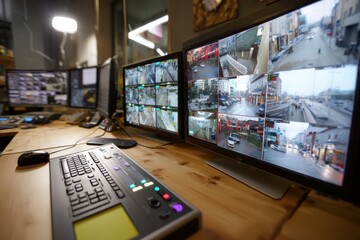 Poster - in the control room, monitors display city streets under surveillance, ensuring safety and security 