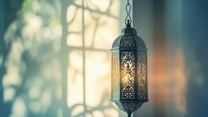 Poster - A lantern hangs from the side of a window, providing warm light