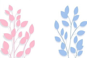 Poster - Tropical leaves and plants, pastel pink and blue colors, simple shapes, flat design, vector illustration, background