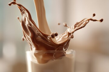 Poster - A captivating close-up shot of chocolate milk being poured into a glass, creating a dynamic splash with stunning texture and vibrant color in studio light.