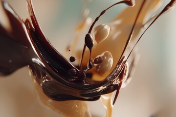 Poster - An artistic and dynamic close-up shot of dark chocolate and creamy caramel swirling and splashing together, capturing the delicious moment in a visually stunning way.