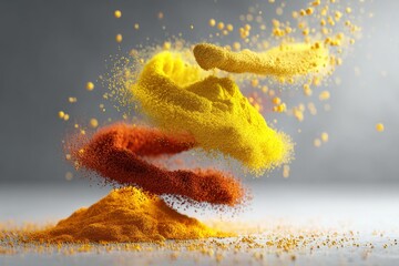 Poster - Abstract floating arrangement of vibrant yellow, orange and brown powders, with particles scattered in air, creating a dynamic and colorful explosion of pigments against gray background.