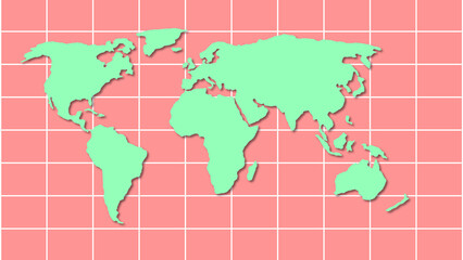 Poster - Modern green earth map silhouette on pink grid background for global travel exploration and environmental awareness visualization