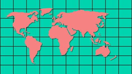 Poster - World map illustration featuring simple pink continent outlines set against a vibrant teal grid background for design and conceptual usage