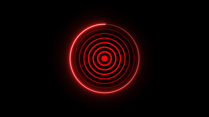 Poster - Abstract neon red concentric circles on black background representing sound radar digital signal technology and data visualization