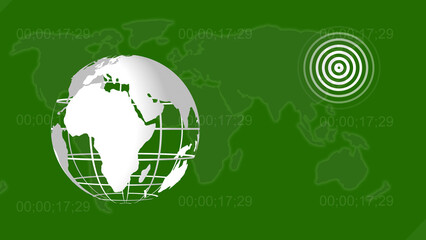 Poster - Global news coverage visualization with timecode elements world globe and a target icon over a green background illustrating worldwide reporting and current events