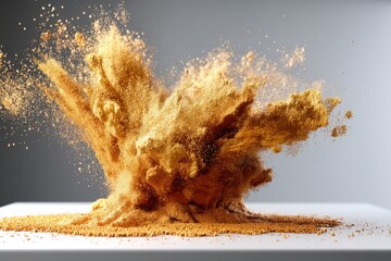 Poster - An exciting explosion of golden powder in dynamic motion, suspended mid-air, creating a stunning and abstract visual effect against a clean, bright background.