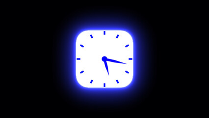 Fototapete - Illuminated white clock icon with blue glowing outline on a black background illustrating time concepts and deadlines in a modern digital design