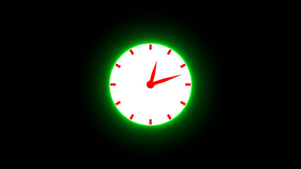Poster - Glowing green neon analog clock against black background showing two oclock indicating time concept deadline duration and punctuality