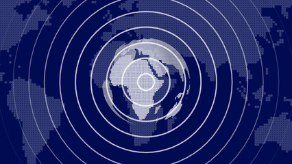 Poster - Abstract illustration of a world map with concentric circles representing a global network or seismic activity on a deep blue background