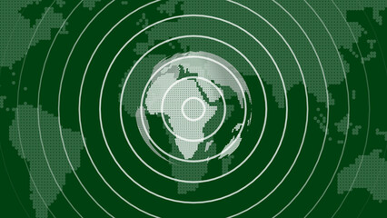 Poster - Abstract illustration of a green earth surrounded by concentric circles representing global communication data network and worldwide technological reach