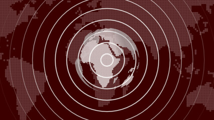 Poster - Abstract digital illustration depicting a world map encircled by white concentric rings evoking a sense of global communication and technological advancement, on a deep red background.