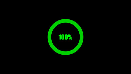 Fototapete - Green circular loading progress bar icon indicating 100 percent completion on a black background for user interface design elements and digital projects