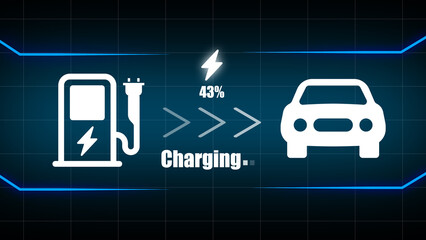 Poster - Electric vehicle charging process illustration depicting percentage of charge and futuristic design with clean minimalistic lines and blue tones for modern transportation concepts