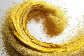 Poster - A dynamic flow of golden yellow liquid and granules swirling, creating a captivating abstract design, conveying energy, movement, and a vibrant color palette.