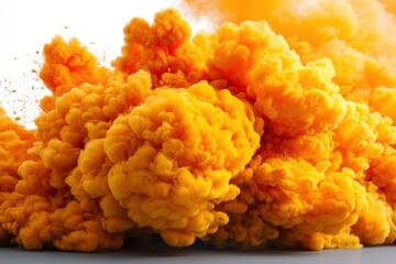 Poster - Magnificent explosion of vibrant orange powder against white backdrop, creating dynamic texture and abstract patterns, a mesmerizing and captivating spectacle.