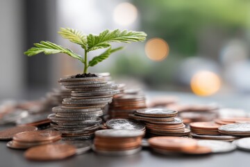 Poster - A vibrant green plant sprouting from a stack of coins, symbolizing growth and financial investments with blurred lights in the background showcasing prosperity.