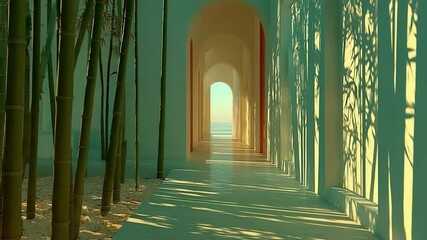 Aufkleber - Pathway to Tranquility: A serene architectural hallway featuring elegant arches and dappled sunlight, framed by bamboo, leading the eye towards a bright horizon.