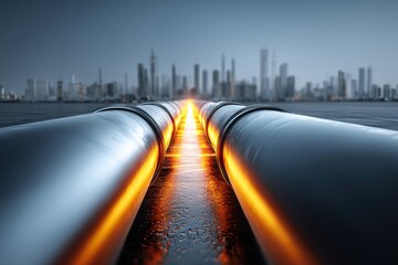 Poster - A striking industrial pipeline with city skyline in the background, showcasing energy infrastructure and urban development, emphasizing connectivity and technological progress.