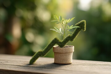 Poster - A conceptual representation of business growth showing an upward trend using a plant shaped like an arrow, placed on a wooden surface and with a blurred background
