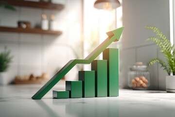 Poster - Green bar graph showing positive growth, financial and economic development, ascending arrow pointing upwards, modern and bright interior background.