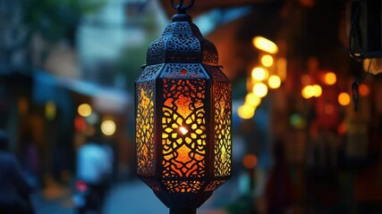 Poster - A lantern hangs from the side of a street, providing light and ambiance