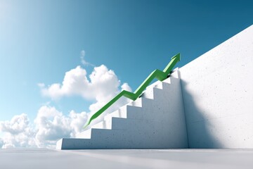 Poster - A symbolic representation of growth and success with a green arrow climbing stairs against a blue sky, showing improvement and progress, conceptual business strategy.
