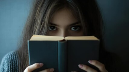 Poster - A woman holds a book in front of her face, a gesture of secrecy and modesty