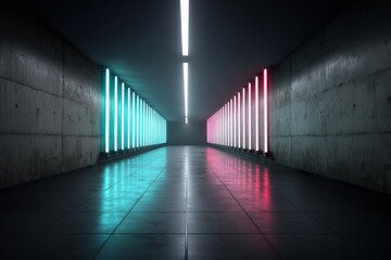 Poster - An eerie corridor with neon lights casting reflections on the floor, creates a captivating, futuristic atmosphere, with gray walls and long neon light lines.