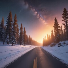 Wall Mural - Asphalt road winds through snow-laden pines towards vibrant sunrise, Milky Way above ,  winter,  beauty