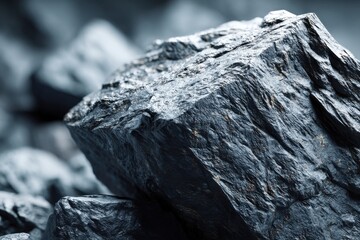 Poster - Detailed close-up of a textured dark rock with sharp edges and a shimmering surface, showing intricate patterns and deep shadows, ideal for backgrounds and textures.
