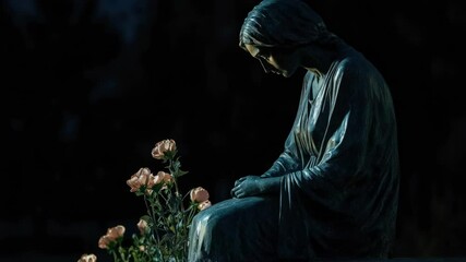 Poster - A statue of a woman sitting next to a bouquet of flowers