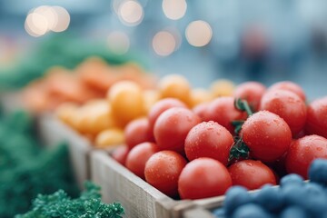 Poster - close-up of colorful fruits and vegetables displayed at bustling outdoor street market