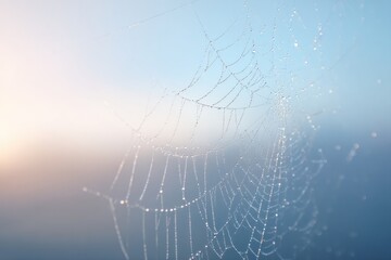 Poster - delicate spider web adorned with glistening dewdrops in early morning light against serene backgroun