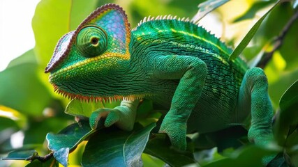 Poster - A green chameleon sitting on top of a tree branch, perfect for nature or wildlife-themed images