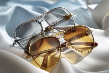 Poster - Two pairs of luxurious aviator sunglasses, one with a gradient lens and gold frame, the other with grey lenses and silver frame, elegantly displayed on silk fabric.