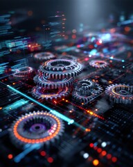 Poster - A visually striking blend of mechanical gears and digital elements, showcasing the connection between technology and engineering in a vibrant, neon-lit environment.