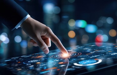 Poster - A professional hand interacts with a sleek, high-tech touchscreen interface, showcasing vibrant graphics and intricate designs against a blurred urban backdrop