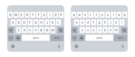 Virtual mobile keyboard layout vector with uppercase and lowercase keys on a transparent background, touchscreen typing interface for smartphone UI design