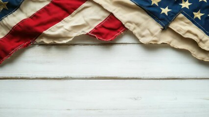 Poster - An American flag displayed on a white wooden table with a simple and bold design
