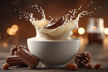 Poster - A captivating close-up of a chocolate piece plunging into a bowl of creamy milk, creating a dynamic splash and adding a touch of indulgence to the moment.