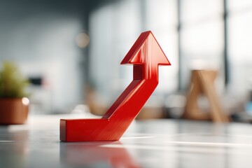 Poster - Red upward arrow on a glossy surface symbolizing growth, success, and progress in business, finance, and career development, with a modern office backdrop.
