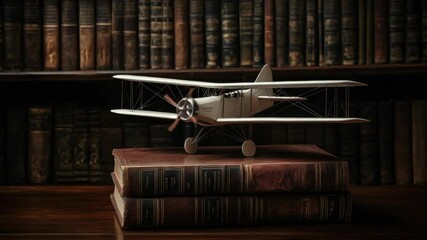 Poster - A small toy airplane sitting atop a pile of books, perfect for educational or imaginative uses
