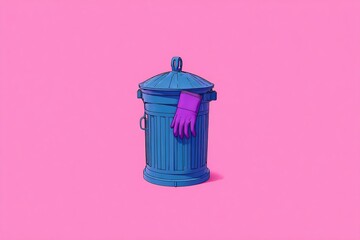 Poster - Colorful trash can with purple glove against vivid pink background